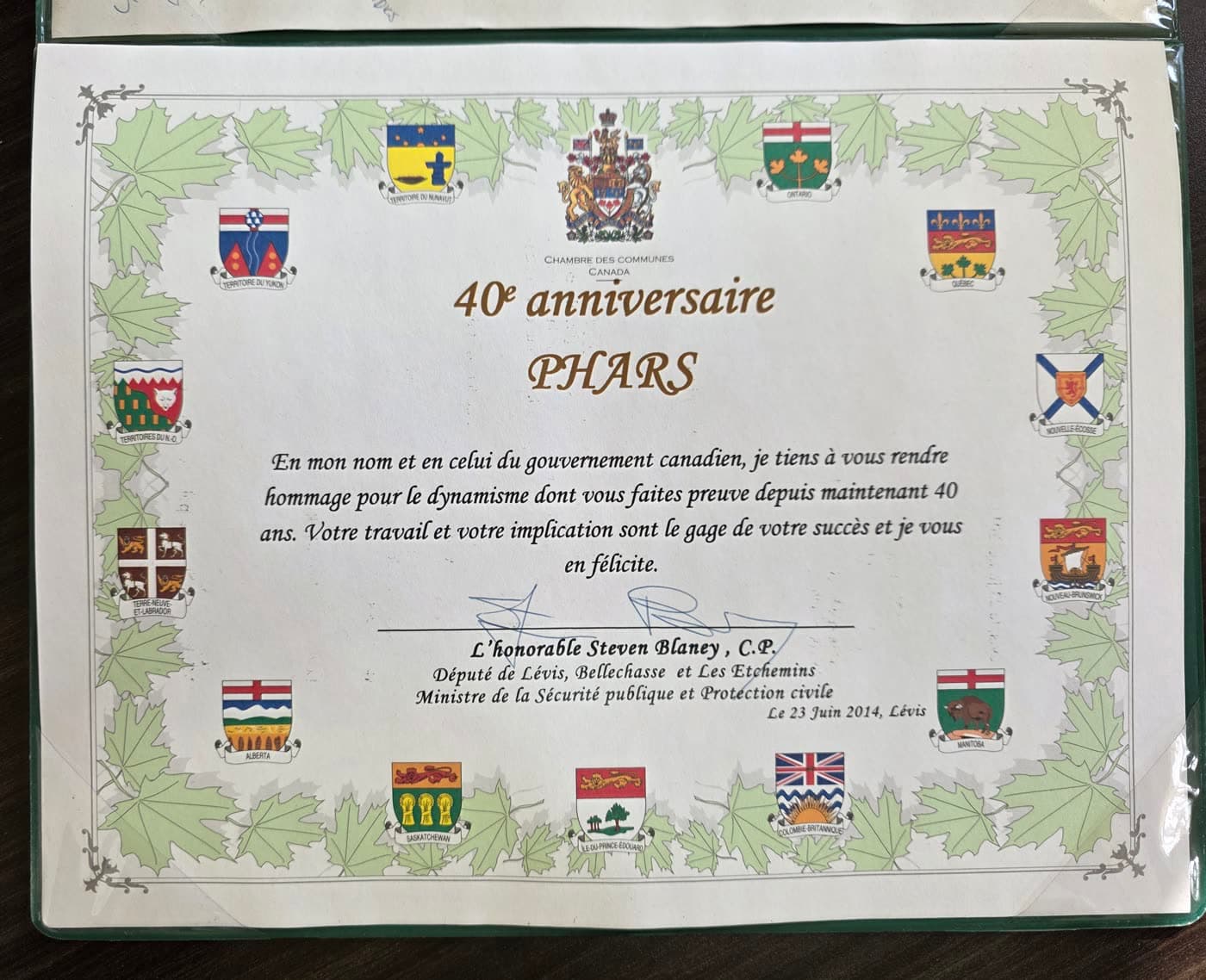 Certificat de la Chambre des communes, daté du 23 juin 2014: hommage au dynamisme de PHARS depuis 40 ans.